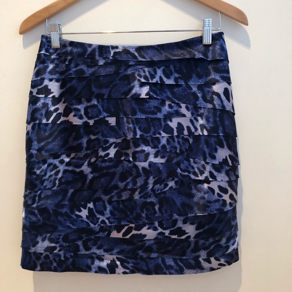 BEBE Blue Leopard Print Layered Miniskirt M